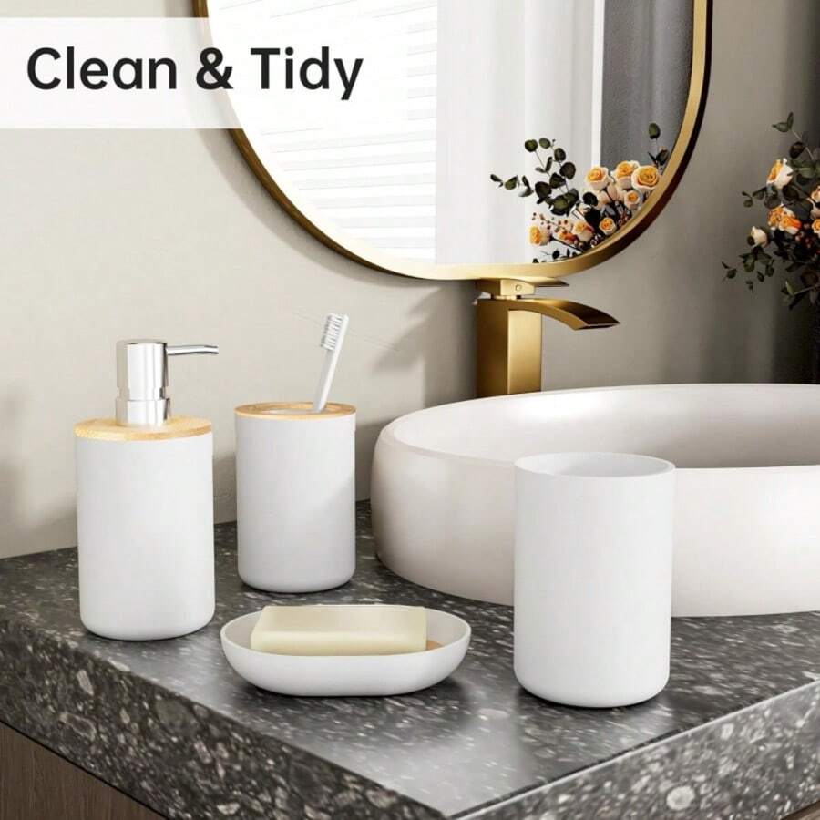 4pcs Plastic Minimalist Rinse Cup, Bathroom Dispenser Bottles, Soap Dish Bathroom Accessories Set