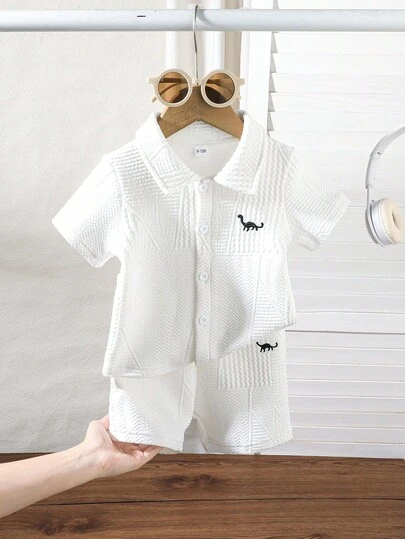 2pcs Baby Boy Comfortable Outfit: Short Sleeve Polo Shirt + Shorts Set, Dinosaur Embroidered Button-Up Cardigan, Suitable For Outdoor Activities