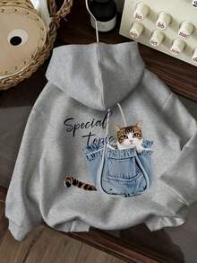 Áo hoodie cỡ lớn in hình mèo dễ thương và denim, phong cách ngọt ngào pha chút trẻ trung, thoải mái. - Màu Xám nhạt - Xem 10