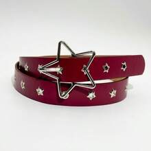 1pc American Style Perforated Star Buckle Belt, Women's Black Skinny Waist Belt With Unique Design, Suitable For Summer