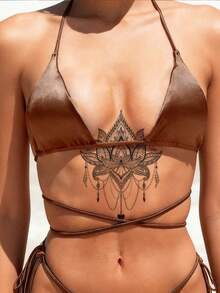 1pc Fashionable Washable Mandala Lotus Flower Tattoo Sticker, Exotic Vintage Decor For Waist/Abdomen, Delicate Floral Waterproof & Sweat-Proof Temporary Tattoo Sticker - Black - View 3