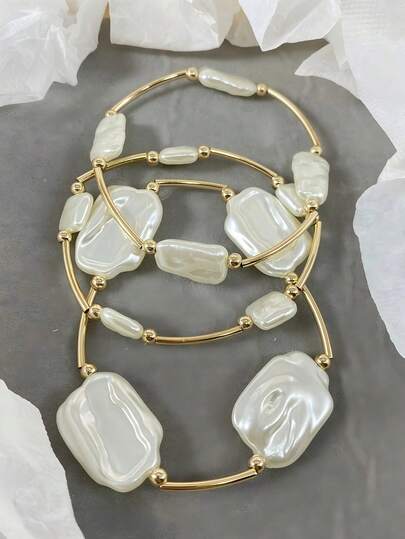 3件套不对称巴洛克风格仿珍珠手链，珍珠形状不规则，复古金色，时尚首饰配饰，适合日常佩戴、约会、派对、度假、海滩、节日等场合，亦可作为礼物。