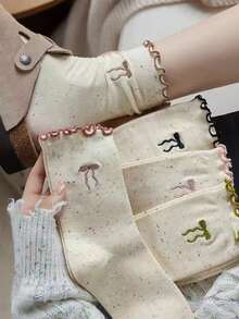 5 双褶边袜子蝴蝶结装饰女士中筒袜，时尚百搭日常穿着女士袜子情人节