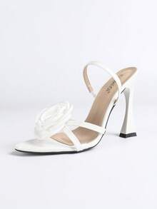 Jin Bei Qi 女士高跟鞋，圆头，纯色，漆皮，3D立体花卉装饰，交叉踝带，露趾，户外派对，细高跟，独特鞋跟造型，优雅时尚女鞋，四季皆宜，优雅浪漫，正式派对，白色高跟鞋，春夏穿搭 - 白色 - 查看 8