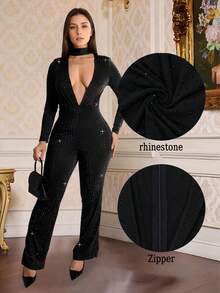 Fashion Elegant Summer Sexy V Neck Long Sleeve Sparkling Rhinestone Wrap Hipster Jumpsuit For Women New Birthday Party Festival Outfits - Black - View 3
