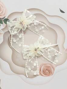 2pcs Flower Lace Bow Hair Clips Set, Suitable For Soft Girl & Elegant Style - Beige - View 7