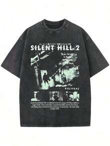 1pc Silent Hill 2 Graphic Tee, Streetwear Retro Washed Printed Short Sleeve T-Shirt, Schoolmens Clothes Shirts - màu đen - Xem 1