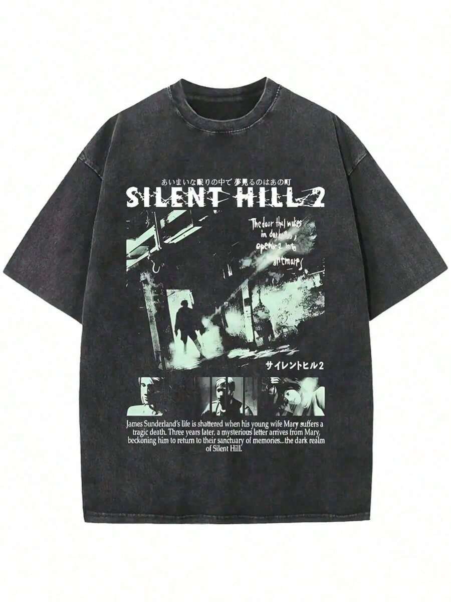 1pc Silent Hill 2 Graphic Tee, Streetwear Retro Washed Printed Short Sleeve T-Shirt, Schoolmens Clothes Shirts - màu đen - Xem 1