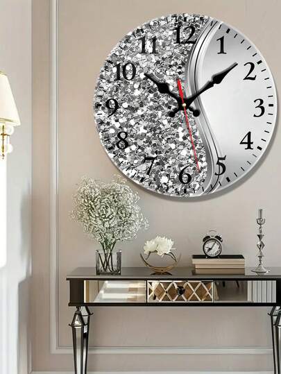 1pc 10/12 Inch Elegant Silent Wall Clock, Clear Glass Material, Silver Glitter Pattern, Decorative Silent Wall Clock, Suitable For Home Decor, Perfect Gift For Valentine's Day And Christmas, Powered By AA Battery (Battery Not Included)