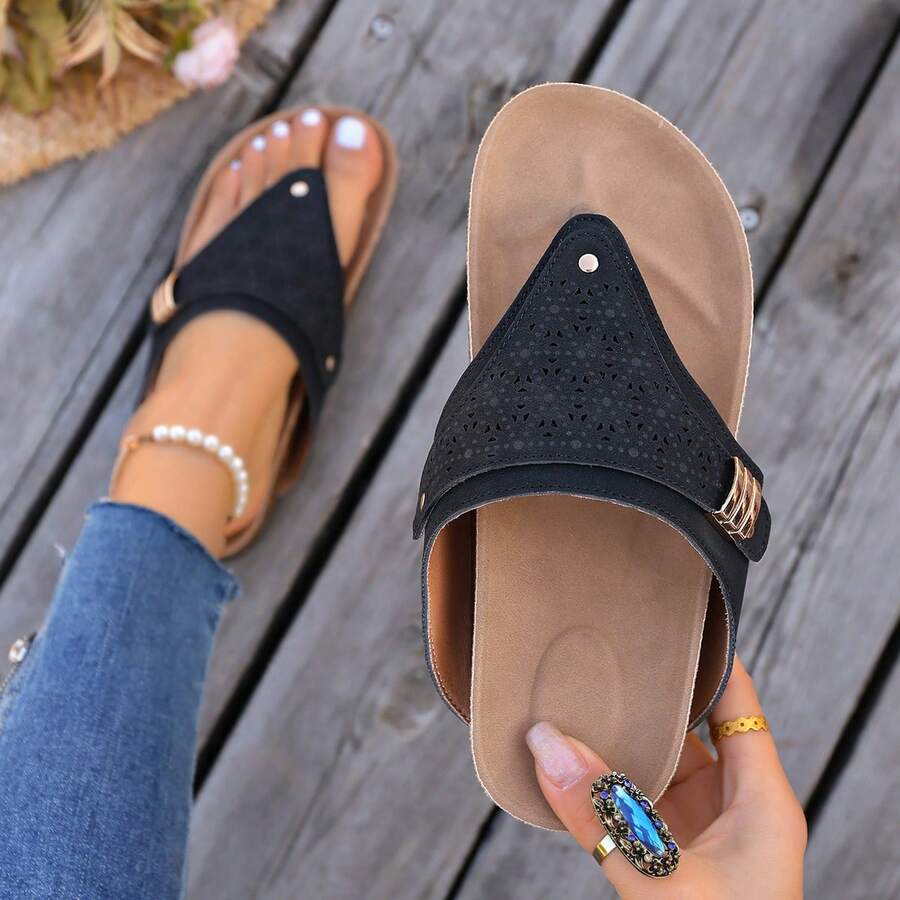 2022 EVA Thick Sole New Thong Hollow Out Side Buckle Fashion Minimalist Beach Sandals - Black - View 1