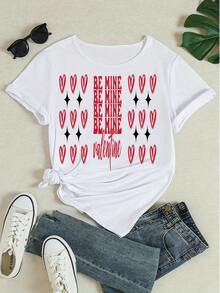 Camiseta gráfica "Sé mía" para el Día de San Valentín, camiseta casual de manga corta y cuello redondo para mujer, con estampado de corazón, corte holgado para fiesta festiva, citas - Blanco - Ver 4