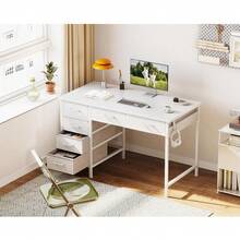 Computer Desk With 6 Drawers, 40 Inch Small Desk With Storage, Reversible Desk With Headphone Hook For Home Office, Work Study Table For Bedroom, White - White - View 5
