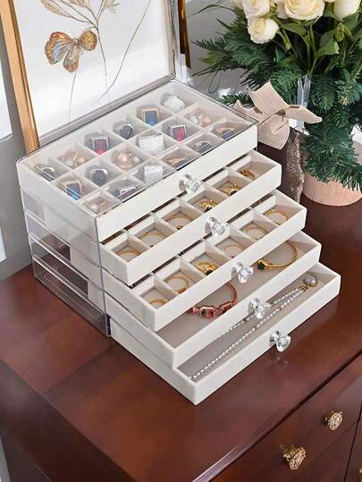 1pc Windowless Jewelry Box, Fashionable Girls & Women Jewelry Storage Box, Multi-Functional Flocked Jewelry Box, Soft Flocked Design Prevents Scratches, Ideal For Travel & Cruise, Large Capacity Dual-Layer Jewelry Box, Bathroom Storage Box, Storage Container, Cabinet Organizer, Birthday Gift, Valentine's Day Gift, Wedding Gift, Mother's Day Gift, Back To School Gift, Easter Gift, New Year Gift