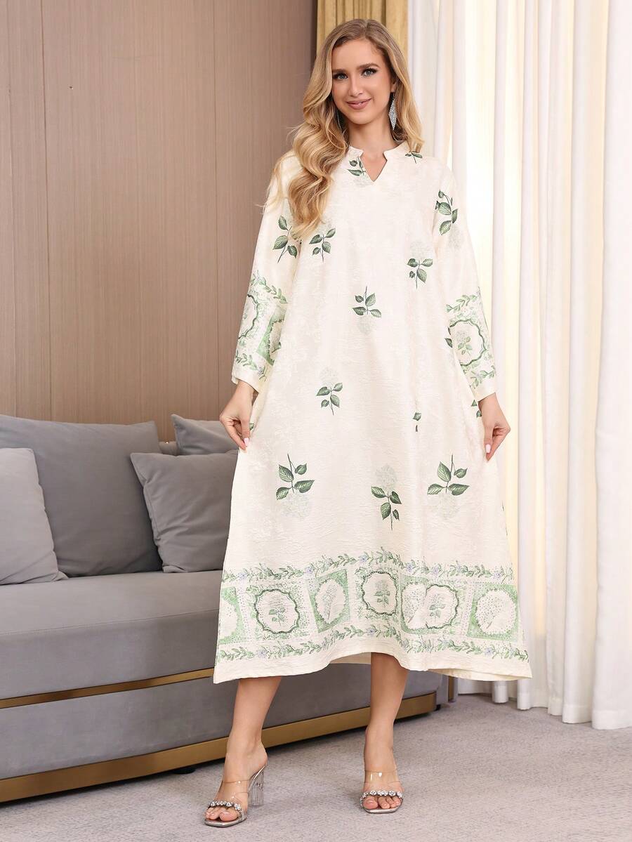 2026新款斋月传统优雅刺绣V领长袖女式连衣裙