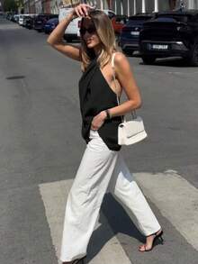 Solid Color Backless Criss-Cross Asymmetric Hem Halter Neck Top, Suitable For Beach & Holiday Black Summer - Black - View 6