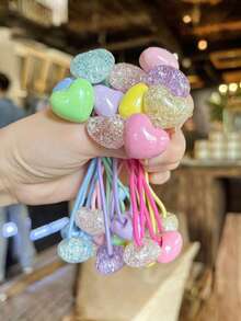 6pcs Colorful Pom Pom Heart Shaped Hair Ties, High Elasticity Multi-Color Hair Accessories, Hair Bobbles, Hair Rope Hairbands ,Ponytail Holders ,Hair Elastics ,Hair Rubber Bands ,Scrunchies , - Multicolor - View 2