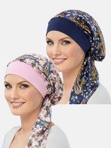 2pcs Women's Printed Elastic Wide-Brim Headband Hats With Scarf Ties, Suitable For Daily Use Sleep Bonnet - 2-piece Set - View 15