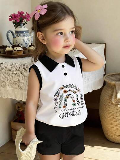 年轻女孩休闲简约可爱彩虹花卉印花高领背心，全新春夏系列