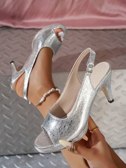 Women's Silver Open Toe Vintage High Heel Shoes - Backstrap Party Dress Lightweight Luxury Fashion Vacation Sandals