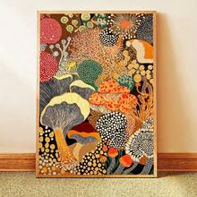 一幅草间弥生风格的蘑菇图案帆布画——现代抽象植物主题墙画，色彩鲜艳，适合客厅、卧室、办公室或厨房。蘑菇主题装饰画，不含画框。 - 彩色 - 查看 8