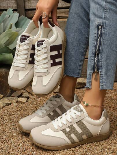 女士休闲运动鞋，纯色圆头系带运动鞋，舒适厚底徒步鞋，多功能网球鞋