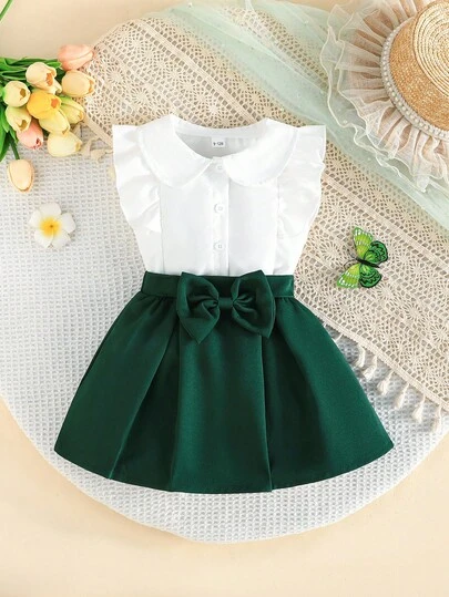 女童优雅荷叶边领无袖上衣和蝴蝶结装饰裙套装