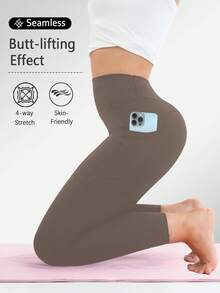 High Waisted Side Pocket Sports Pants For Women, Yoga Leggings, Seamless Fitness Yoga Pants For Spring And Summer Collection - Cà phê nâu - Xem 4