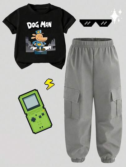 男童卡通印花短袖上衣和工装裤套装