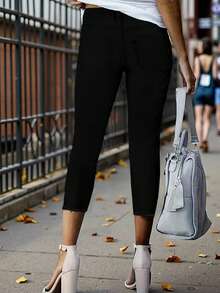 女士百搭休闲日常通勤简约风格牛仔裤，夏季黑色春季款 - 黑色 - 查看 3