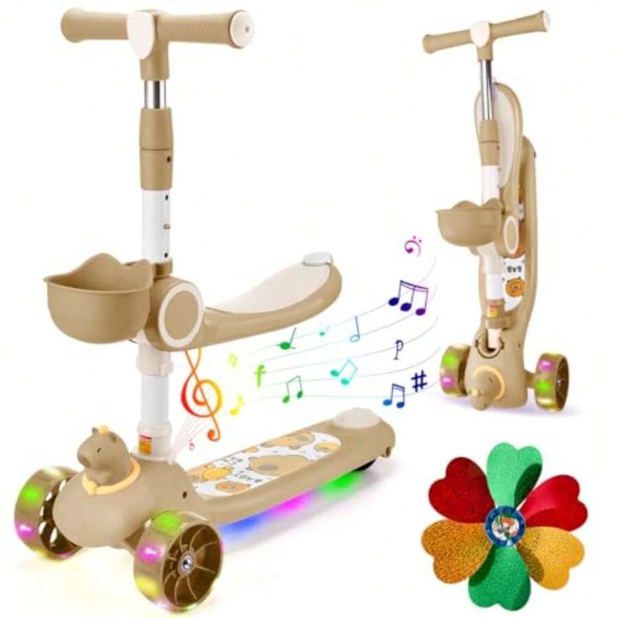 JCH-Nasjac Scooter Plegable para Niños Patinete de Altura 3 Ajustable para Niños 2 a 7 años Patín del Diablo Monopatin 3 Ruedas con Luz LED y Música - Marrón - Ver 1