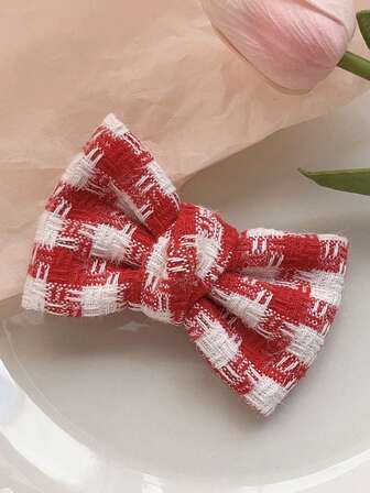 1pc Classic Retro Red & White Plaid Bow Hair Clip For Women, Comfortable Fabric Won't Damage Hair, Suitable For Daily Wear And Party Decoration