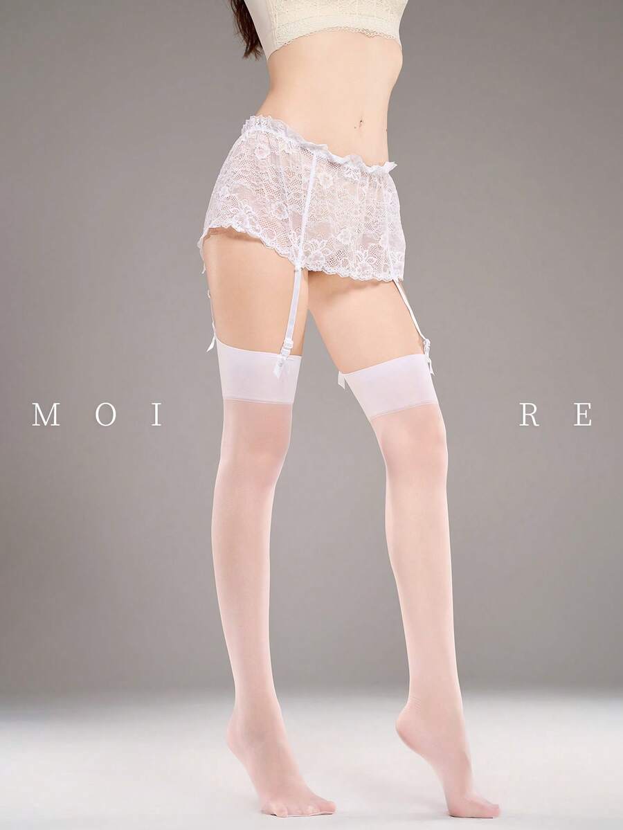 1 Paar schicke Spitzen-Schleifen Oberschenkel-Hohe: Sexy Strümpfe für den Übergang vom Büro zum Club - Weiss - Übersicht 1