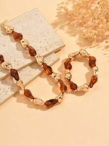 Set de 2 piezas de collar y pulsera de joyería con cuentas con forma geométrica barroca minimalista y versátil para mujer, adecuado para uso diario, vacaciones, compras, fiestas - Multicolor - Ver 3