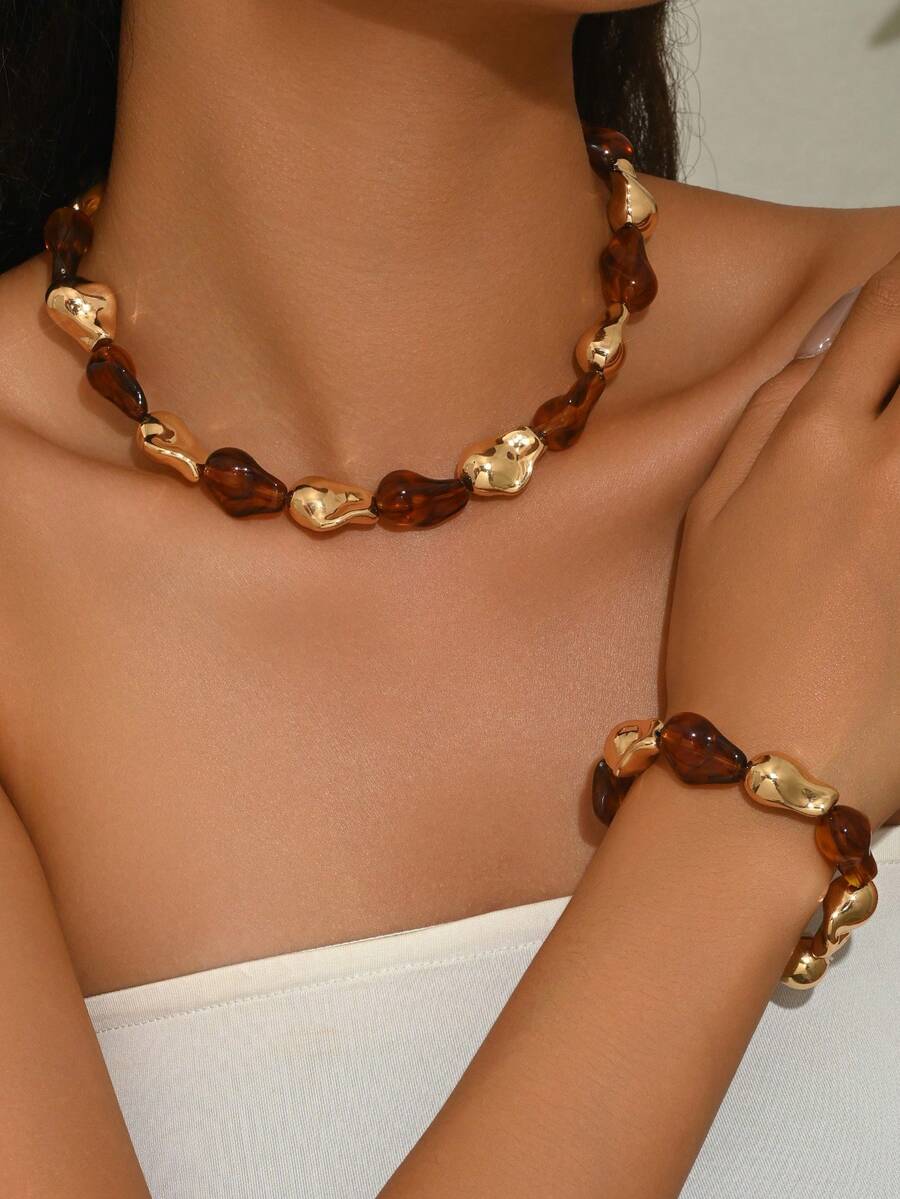 Set de 2 piezas de collar y pulsera de joyería con cuentas con forma geométrica barroca minimalista y versátil para mujer, adecuado para uso diario, vacaciones, compras, fiestas - Multicolor - Ver 1