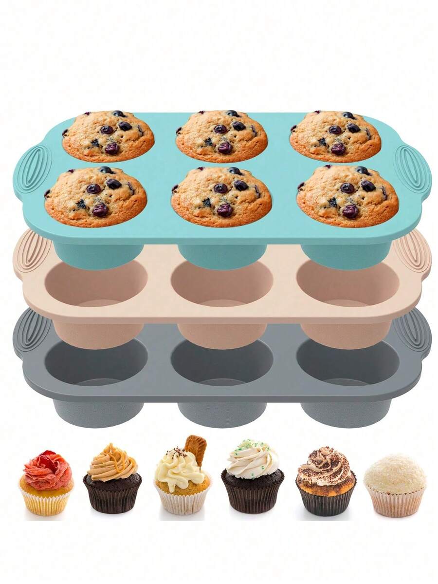 1pc Silicone Muffin Baking Pan, 6-Cup Non-Stick Heat Resistant Muffin Baking Mold, 3 Colors - Multicolor - View 1