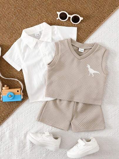 3pcs Baby Boy Summer Outfit: White Polo Shirt + Lightweight Waffle Texture Vest + Elastic Waist Shorts, Casual Sportswear