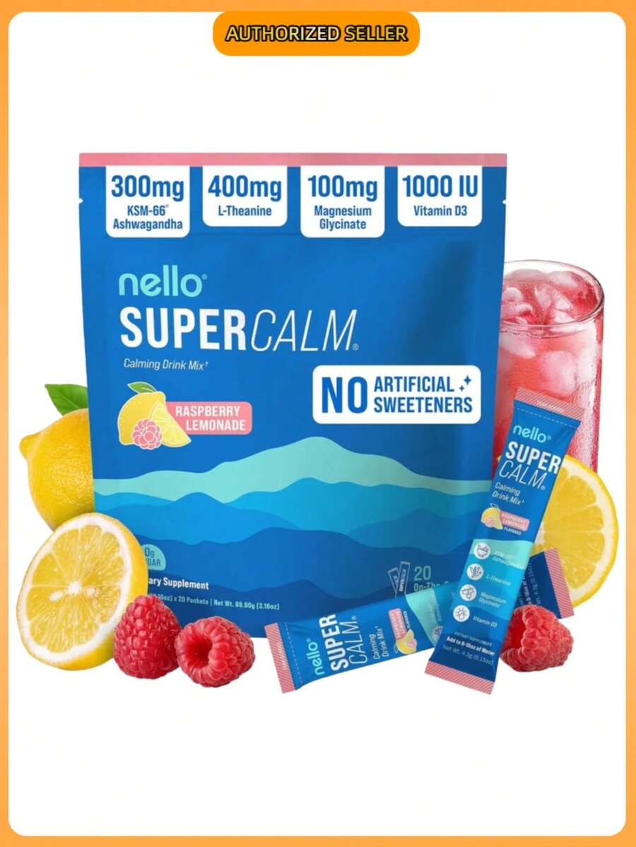 Nello SuperCalm Powdered Drink Mix | Daily Wellness Beverage With Magnesium, L-Theanine & Botanical Ingredients | No Sugar | 20 Count - Raspberry Lemonade - 查看 1