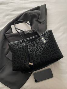 2pcs Large Capacity Leopard Print Faux Leather Tote Bag, With Dual Handles, Ideal For Commuting, Work Or School.,Business Professional Women - Black - View 10