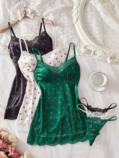 Sexy Lingerie, 3 Piecescombination Set For Women's Sexy Nightgown, Pajama Nightgown Lingerie Set, Cherry Print Lace Design