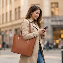 Classic Work Tote Bag Stylish Large Capacity PU Leather With Multiple Compartments - Óxido marrón - Ver 8