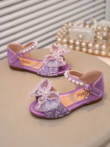 1 đôi dép xăng đan trẻ em đính đá, ngọc trai, nơ, chất liệu PU sần, mũi tròn, thích hợp cho mang hàng ngày, khiêu vũ, hoạt động ngoài trời, lễ hội, tiệc tùng, giày công chúa lấp lánh, phù hợp cho mùa xuân, hè, thu. - Màu tím - Xem 5