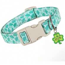 圣帕特里克节主题幸运绿三叶草狗项圈，配有快拆安全扣，透气材质，饰有四叶草吊坠，适合小型/中型/大型犬，时尚百搭，室内外皆宜，是欧美宠物爱好者的完美礼物。