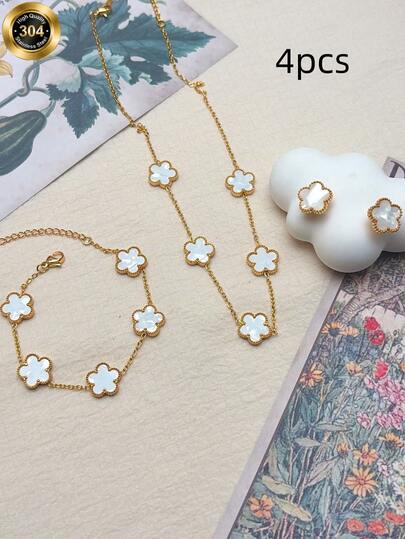 طقم مجوهرات على شكل زهرة خماسية البتلات باللون الأبيض، طقم مطلي بالذهب يتكون من قلادة وسوار وأقراط، مصنوع من الفولاذ المقاوم للصدأ، إكسسوارات نسائية، هدية عيد ميلاد أو مناسبة مثالية