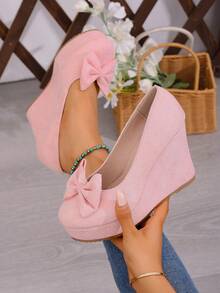 2026 女士春季新款甜美坡跟粉色套脚鞋，蝴蝶结百搭圆头工作鞋，慵懒休闲鞋，蝴蝶结家居服，尺码偏大半码 - 粉色 - 查看 5
