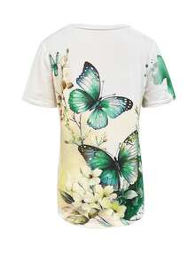 夏季新款时尚绿色蝴蝶印花女式圆领短袖T恤 - 混合色 - 查看 4