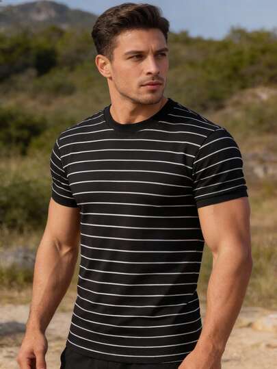 Men's Short Sleeve Polo Shirt, Black & White Striped, Casual Outdoor Sports Versatile Top