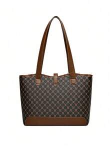 Bộ 3 món: Túi xách da PU kẻ caro nhiều màu, túi đeo vai, túi tote có khóa kéo, túi thanh lịch dành cho phụ nữ trung niên, dung tích lớn, đa năng sử dụng hàng ngày. - màu nâu - Xem 4