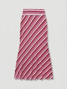 New Stylish Elegant Knitted Fabric Printed Striped Maxi Skirt, Suitable For Beach, Holiday, Daily Wear, Travel Spring - Red - View 6