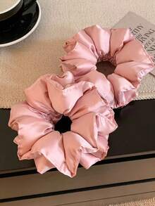 Cherry Blossom Pink Double-Layered Extra-Large Premium Feel Hair Volume Scrunchie Satin Waist Pillow Hair Tie Retro Pleated Lace Cute Back Bun Hairstyle, Scrunchy Hair Ties - Pink - View 6