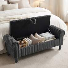 51.5" Storage Ottoman Bench For Bedroom, Mid-Century Upholstered End-Of-Bed Bench With Storage & Rolled Arms, Corduroy Storage Chest Footrest Padded Window Seat Shoe Cabinet Stool Accent Chair For Entryway Living Room Bedroom Home Decor, Grey - Dark Grey-Corduroy - 查看 6